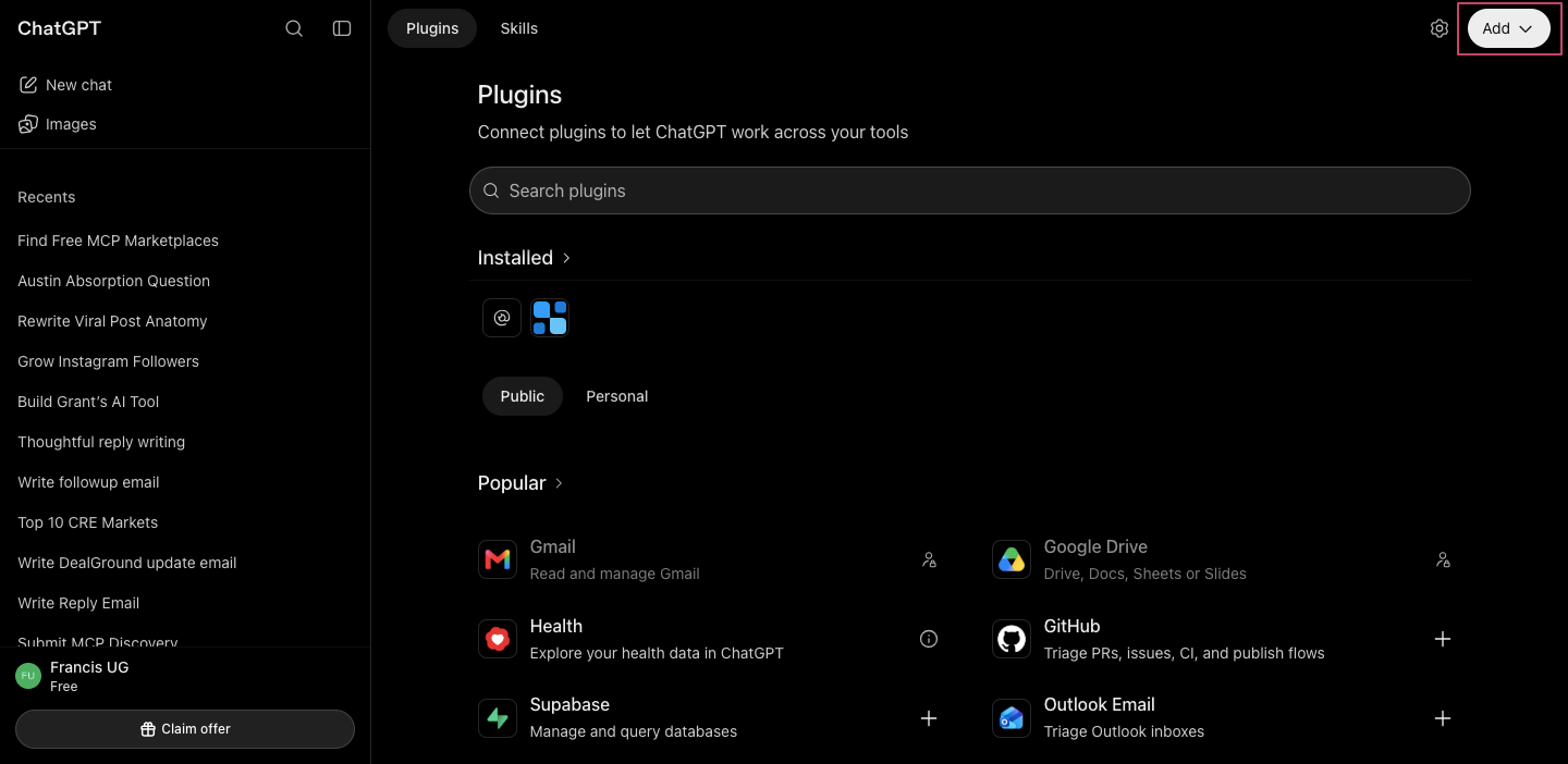 ChatGPT Plugins directory with the Add button highlighted
