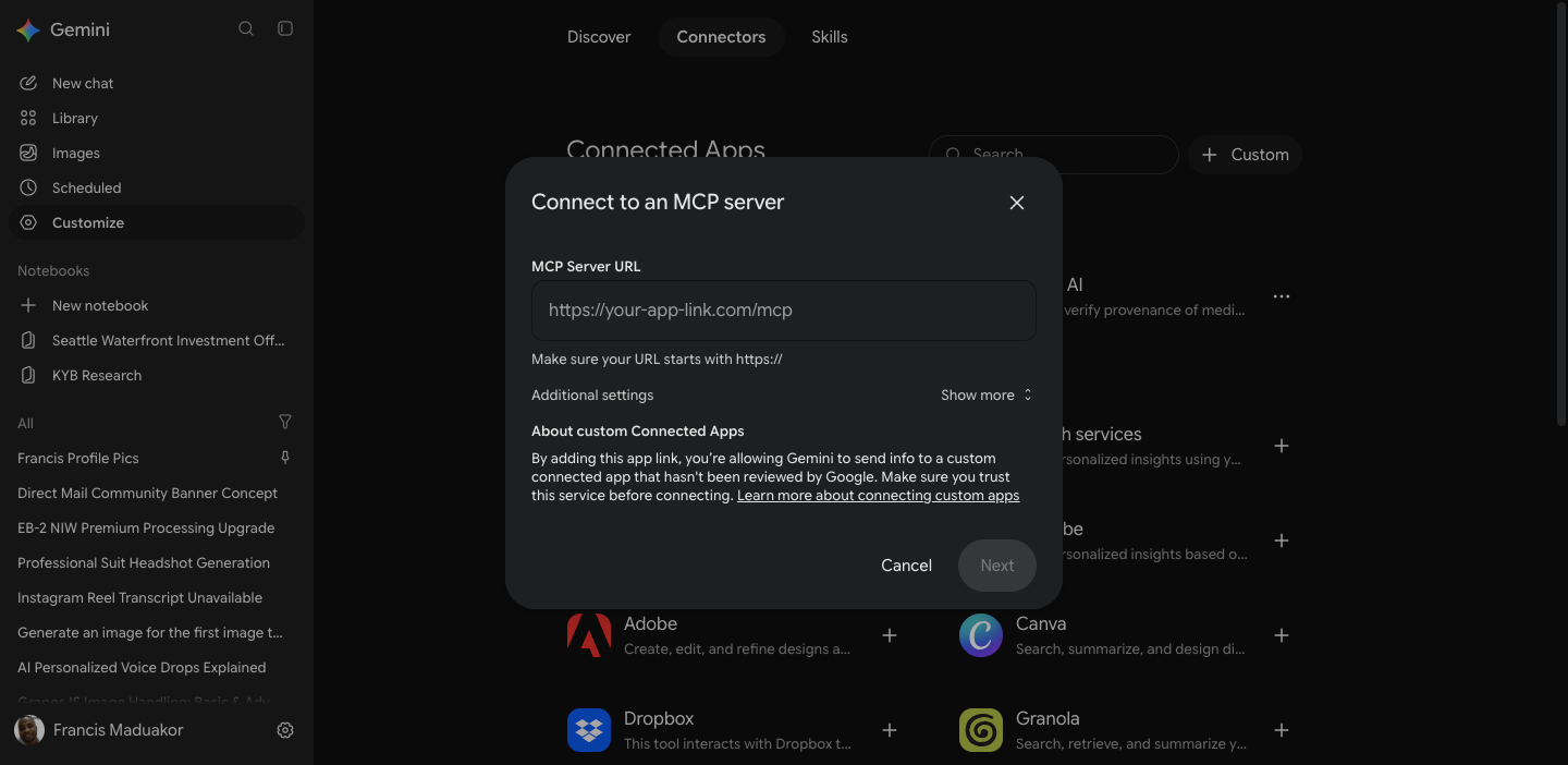 Gemini's Connect to an MCP server dialog with the MCP Server URL field