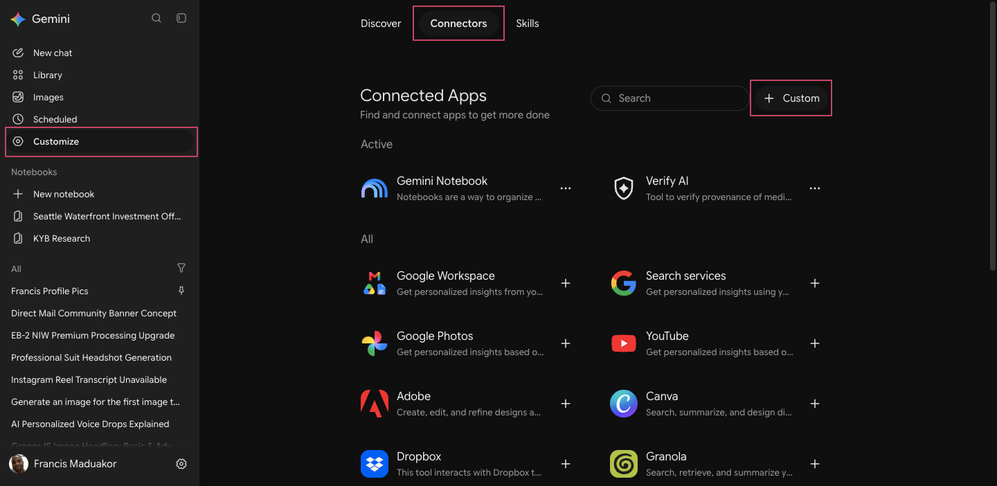 Gemini's Customize page with the Connectors tab and + Custom button highlighted