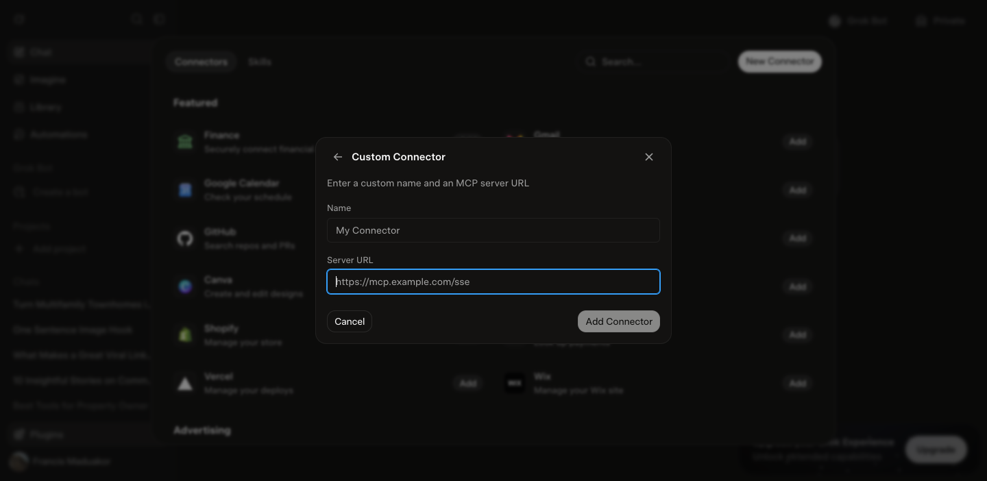 Grok's Custom Connector form with Name and Server URL fields