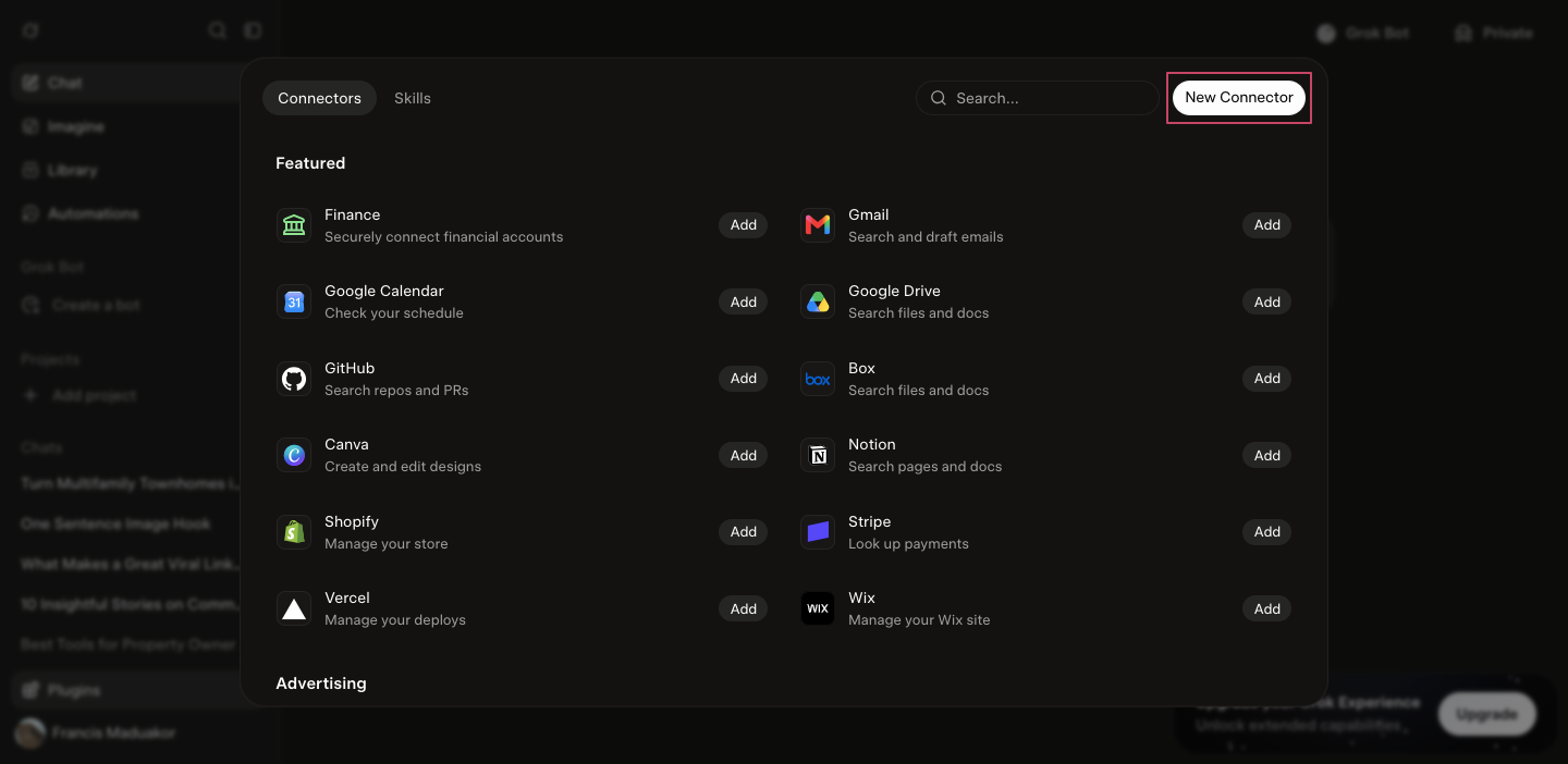 Grok's Connectors list with the New Connector button highlighted
